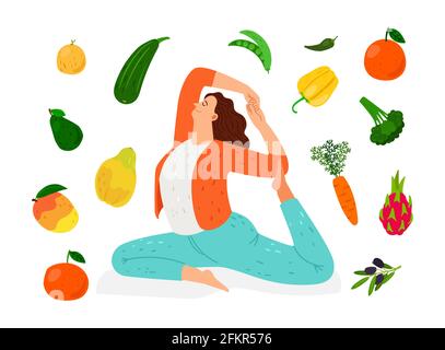 Woman doing yoga. Meditation, healthy lifestyle and vegan diet vector illustration Stock Vector
