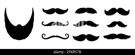 Mustache icons. fashion dandy hipster beard, barber shop signs. Black old style curly mustaches for men vector set Stock Vector