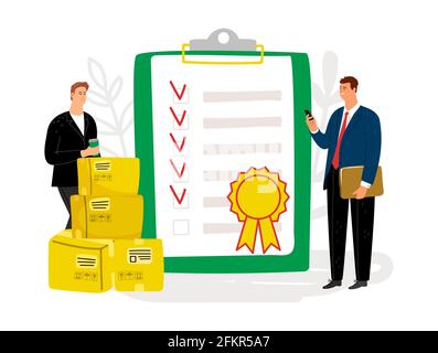 Quality control. International certification document. Managers evaluate quality vector concept Stock Vector