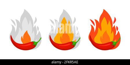 Chili pepper spice levels. Marking dishes for restaurant or cafe. Asian cuisine, hot red peppers on fire vector set Stock Vector