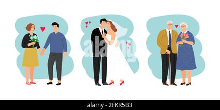 Loving couples of different ages. Teenagers, newlyweds and seniors isolated on white background. Vector cartoon characters set Stock Vector