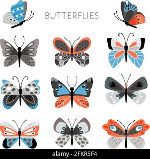 Color butterflies and moths illustration. Vector pretty colorful butterfly set for kids, tropical spring insects in blue and pink colors on white background Stock Vector