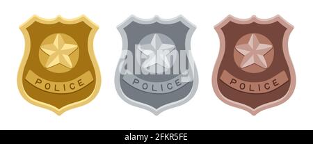 Police badges. Gold, silver and bronze shields. Isolated law enforcement vector labels Stock Vector