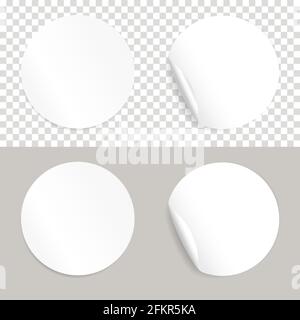 Round white realistic stickers. Circle sticker isolate set with folded edges, blank adhesive rounded tags or price signs with shadow Stock Vector