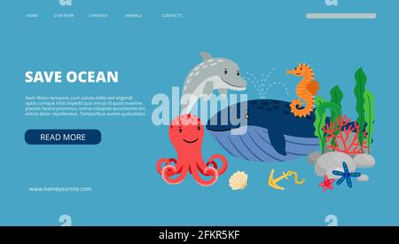 Save ocean landing page. Cartoon sea wildlife. Vector saving nature web banner Stock Vector