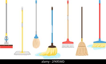 Brooms and mops equipment. Hygiene handling equipments objects vector illustration, household mop and housework broom tools isolated on white background Stock Vector