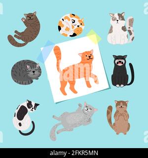 Shorthaired cats illustration. Cartoon cat collection isolated on blue background, fluffy kittens breeds drawings vector illustration Stock Vector