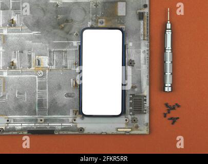 Mobile phone mockup for repair maintenance company, tech repair concept, blank white screen, top view Stock Photo