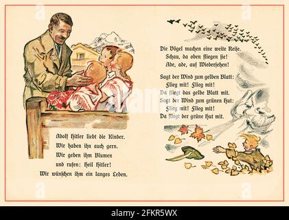 1930's Nazi Vintage Adolf Hitler illustration Childrens Nazi Propaganda indoctrination Nursery Rhymes book Nazi Germany 1930's  First reading book for Bavarian and Swabian elementary schools. Max Kellerer Verlag, Munich, Stock Photo