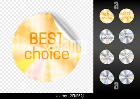 Foil stickers. Retail gold and white silver sticker set, best choice and quality warranty shiny stickers isolated on transparent background vector illustration Stock Vector