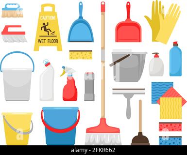 Householding cleaning tools. Housekeeping tool icons for home and office cleaning, bucket and foam, detergent bottles and washing supplies, sweeping brush and bucket vector illustration Stock Vector