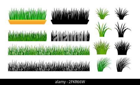 Green grass. Bushes, spring meadow and planting in pot. Isolated black silhouettes of grass, vector gardening elements Stock Vector