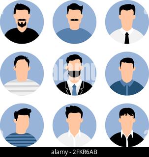 Blue men avatars. People profiles illustrated avatar set, vector business profile types portraits, male social networks icons, gentleman young person faces illustrations Stock Vector