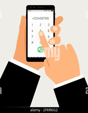 Hands with smartphone dialing. Mobile touch screen phone with numbers pad and business hand, businessman cellphone dial connection cartoon vector illustration Stock Vector