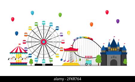 Amusement park. Recreation and entertainment, tents, castle. Balloons in sky, swing vector banner Stock Vector