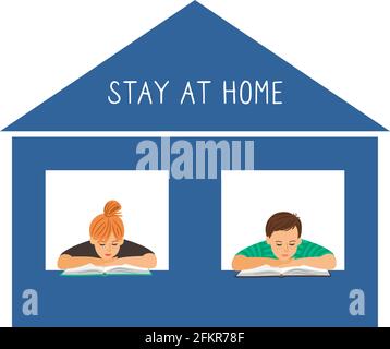 Stay at home. Reading kids, isolation period or qarantine. Be safe from virus, epidemic and pandemic. Remote domestic schooling vector illustration Stock Vector