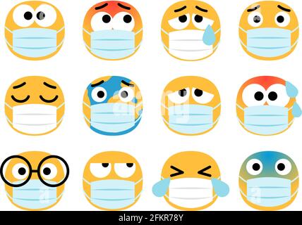 Face masks emoticons. Surgeon medical mask round faces, virus protection smiles, patient infected and sick emoji set, vector illustration Stock Vector