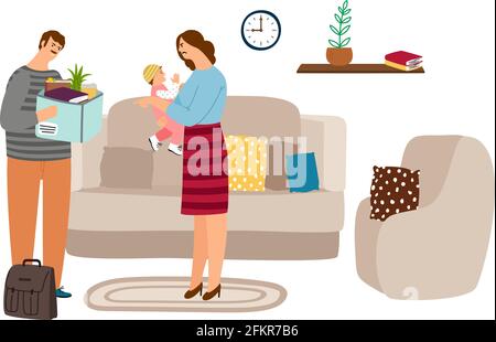 Family quarrel. Dismissed husband came home, his wife screams and hugs baby. Social unemployment problem, financial crisis. Mother daughter and father vector illustration Stock Vector