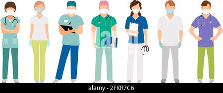 Medical staff in protective face masks. Doctors and nurses characters wearing respirators and gloves. Hospital team virus prevention and protection vector illustration Stock Vector
