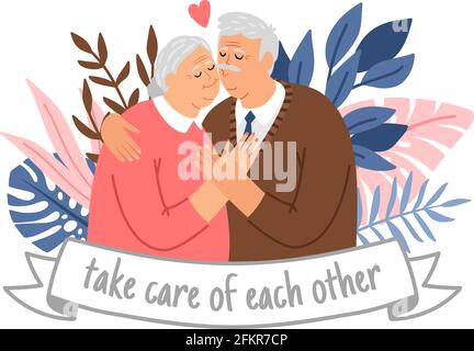 Caring elderly couple. Happy grandparents take care of each other, cheering adults, cheerful old male and female portrait in love, smiling elderly seniors hug cartoon romance Stock Vector