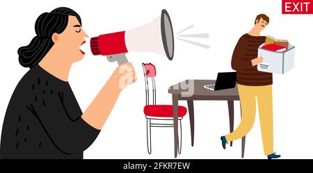 Dismissal employee. Boss yells at departing employee. Manager with box of office supplies leaves job vector illustration Stock Vector