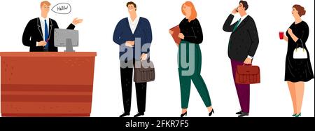 People queue on reception. Businessmen and women in service waiting line. Administrator or male secretary and crowd of businesspeople vector illustration Stock Vector