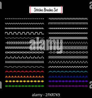 Stitches brushes patterns. Fabric embroidery stitch set, craft stitching vector brush threads, stitched fringes and lines, geometric meander and zigzag sewing pattern machine texture Stock Vector