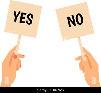 Yes no banners. Make your choice. Hands holding two posters for auction, voting or selection vector illustration Stock Vector