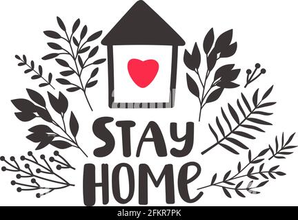 stay home concept, heart with window and house roof icon over white ...