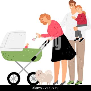 Family walking. Parents with kids, mother play with newborn baby. Isolated father holding daughter. Parenthood vector illustration Stock Vector