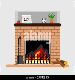 Home fireplace. Cartoon hearth of bricks with decoration of family photo, hand drawn bright relax fire in frame of elegant stones, fire place illustration isolated on white backgroun Stock Vector