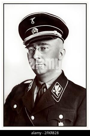 Heinrich Himmler portrait in Nazi Waffen SS uniform 1940's WW2  German National Socialist Politician Nazi military commander secret police.  Himmler was one of the most powerful men in Nazi Germany and one of the people most directly responsible for the Holocaust. Facilitated genocide across Europe and the east. Committed suicide in 1945 after being captured fleeing under another identity. World War II Stock Photo