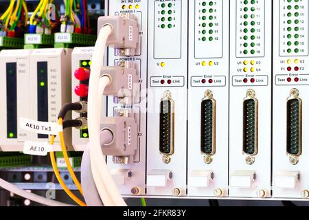View of communication port module on PLC unit in control box of automation machine Stock Photo