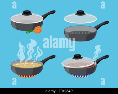 Cartoon cooking pans. Objects for kitchen on flaming gas burner, boiling food in pots, vector illustration of pans on stove with fire isolated on blue background Stock Vector