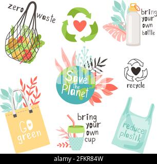 Zero waste in planet. Ecological save world concept, using durable and reusable items without plastic to reducing pollution, eco objects collection isolated on white background Stock Vector