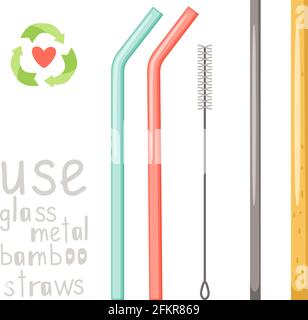 Zero waste straws. Concept of using durable and reusable natural eco items without plastic. Hand drawn glass, metal and bamboo straw set isolated on white background Stock Vector