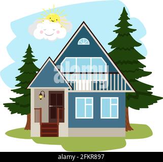 Summer country house. Cottage among green trees, cartoon house with door and flashlight in countryside, vector illustration of concept vacation on nature in farmland Stock Vector
