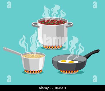 Cooking in home pans. Boiling pot and fried pan set, cartoon steel cooking pots with boiling soup and fried egg, concept of home dinner on stove, flaming gas burner heats kitchen ob Stock Vector