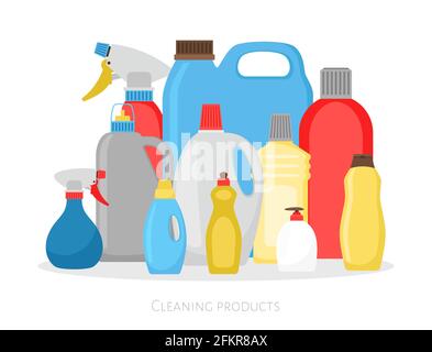 Cleaning products bottles. Isolated plastic packing set, detergent cleaner housekeeping objects vector illustration on white background Stock Vector