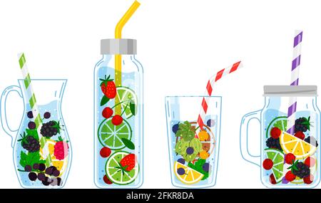 Cooling drinks with fruits. Cartoon glasses with cocktails, hand drawn cool beverages with fresh fruits, vector illustration of summer drinking lemonade isolated on white background Stock Vector
