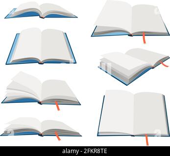 Empty open books set. Cartoon textbooks with bookmarks. Blank books in blue hardcovers. Vector illustration of book mockups isolated on white background Stock Vector