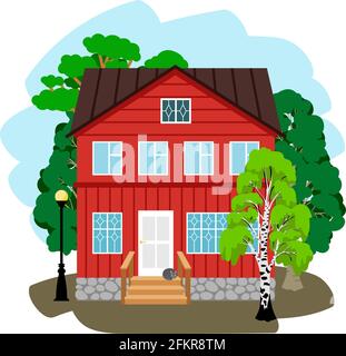 Country house in forest. Cartoon wooden housing for vacation in summer among trees, vector illustration of relax nature with cat on porch and green foliage isolated on white backgro Stock Vector