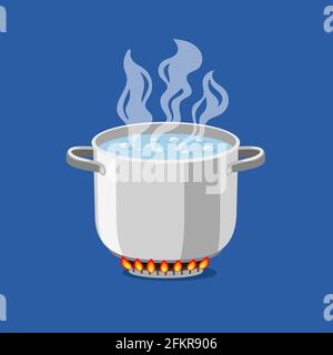 Pan on fire. Cartoon pot with hot boiling water, vector illustration of cooking object for kitchen on flaming gas isolated on blue background Stock Vector