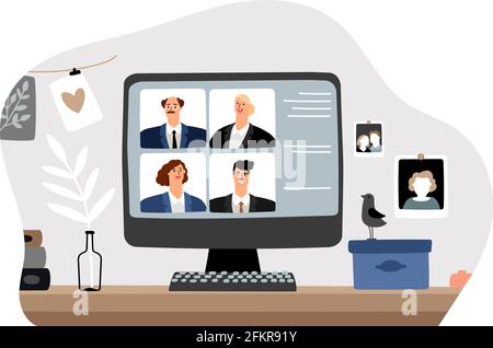 Online work. Video conference, business meeting from home. Managers on computer monitor, distance chat vector illustration Stock Vector