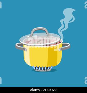 Saucepan on burner. Cartoon steel cooking pot with boiling soup, flaming gas burner heats kitchen cookware pan, vector illustration concept of home dinner isolated on blue backgroun Stock Vector