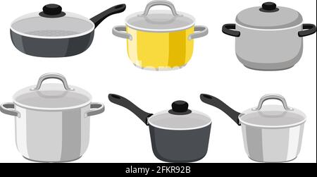 Pans pots and saucepans. Kitchen pan objects, cartoon kitchenware tools collection for cooking, vector illustration of elements for boiling and frying isolated on white background Stock Vector