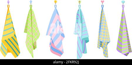 Kitchen textile towels. Cartoon hanging cute towel set of fabric, vector illustration of dry fluffy items for cleaning isolated on white background Stock Vector