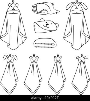Towel outline line icons. Cartoon dry clean items for bathroom, hand drawn cute clean items for drying in bath, vector illustration of towels isolated on white background Stock Vector
