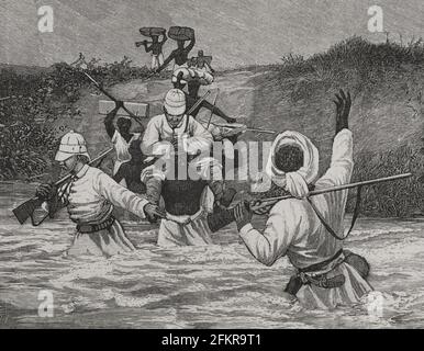 History of Africa. 19th century. Congo. Passage of a river during the rainy season in German Africa. Engraving, detail. El Congo y la Creación del Estado Independiente de este nombre. Historia de los Trabajos y Exploraciones Verificados (The Congo and the Founding of its Free State. A Story of Work and Exploration), by Henry M. Stanley. Edited in Barcelona, ca. 1890. Spain. Stock Photo