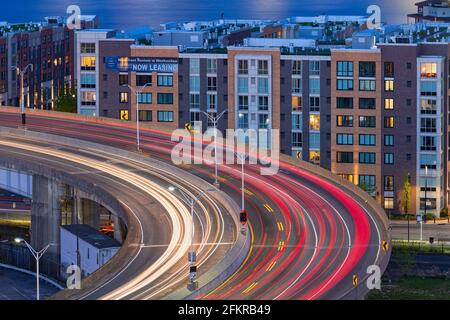 Long exposure of traffic moving on the Lincoln Tunnel helix. Stock Photo